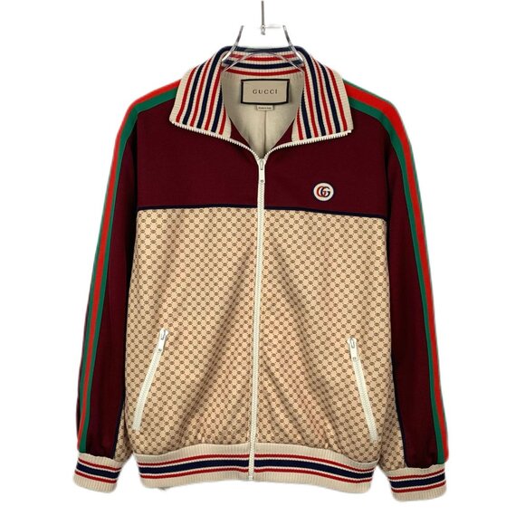 Gucci Beige & Burgundy GG Monogram Track Jacket With Striped Collar & Zip Closur